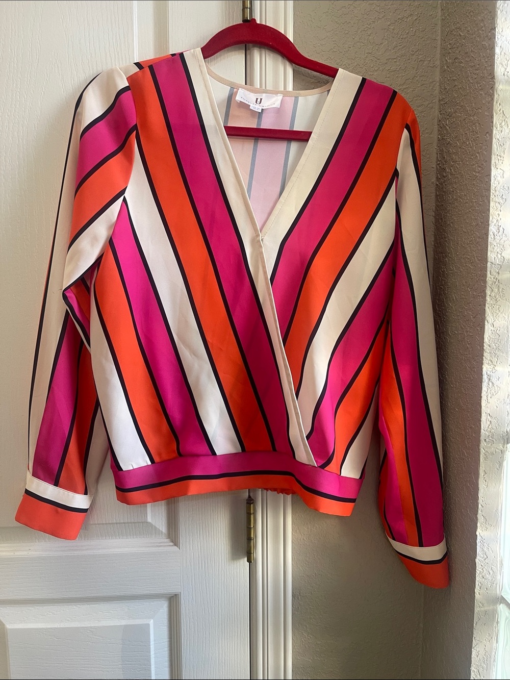 Forever Unique Pink, Orange & Cream Striped V-Neck Wrap Blouse